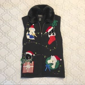 ugly Christmas zipper sweater vest puppy presents